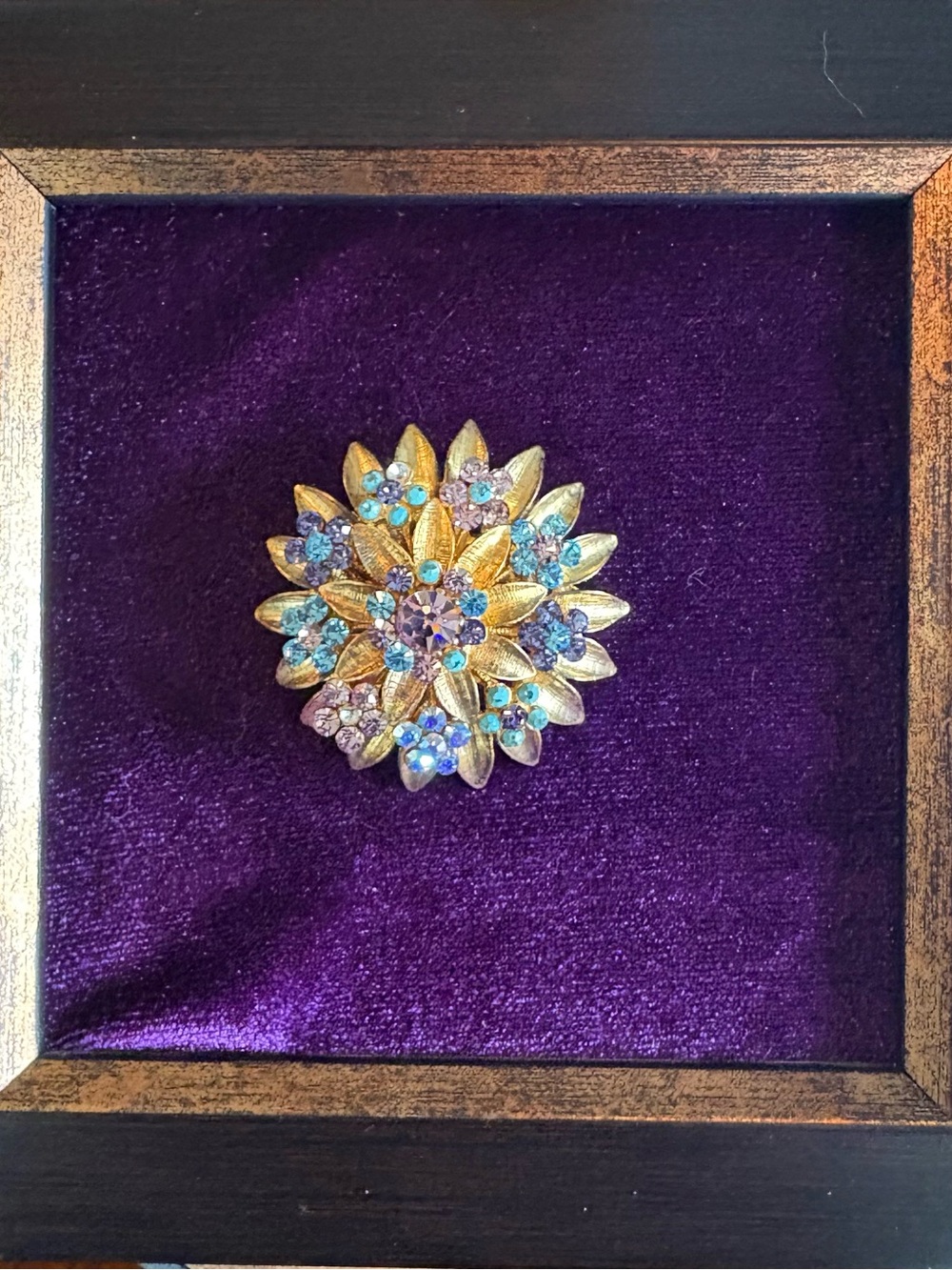 Vintage Style Gold Tone Floral Rhinestone Brooch Aqua Lavender Crystal Pin